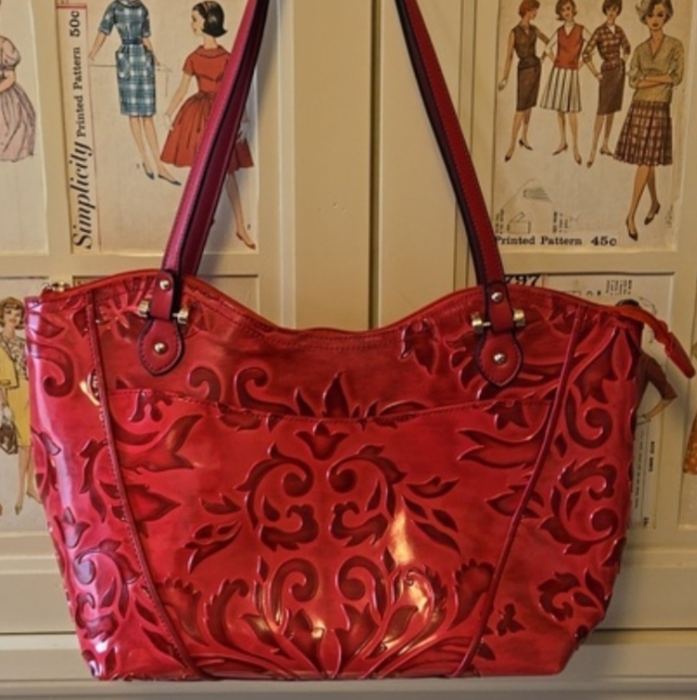 Red Embossed Tote Shoulder Bag